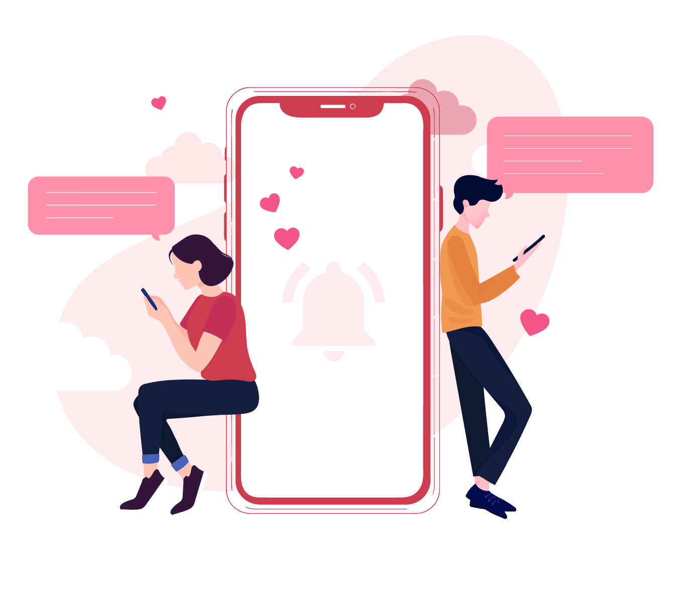 Illustration of a man and a women getting notified by the app that they are making contact with one another